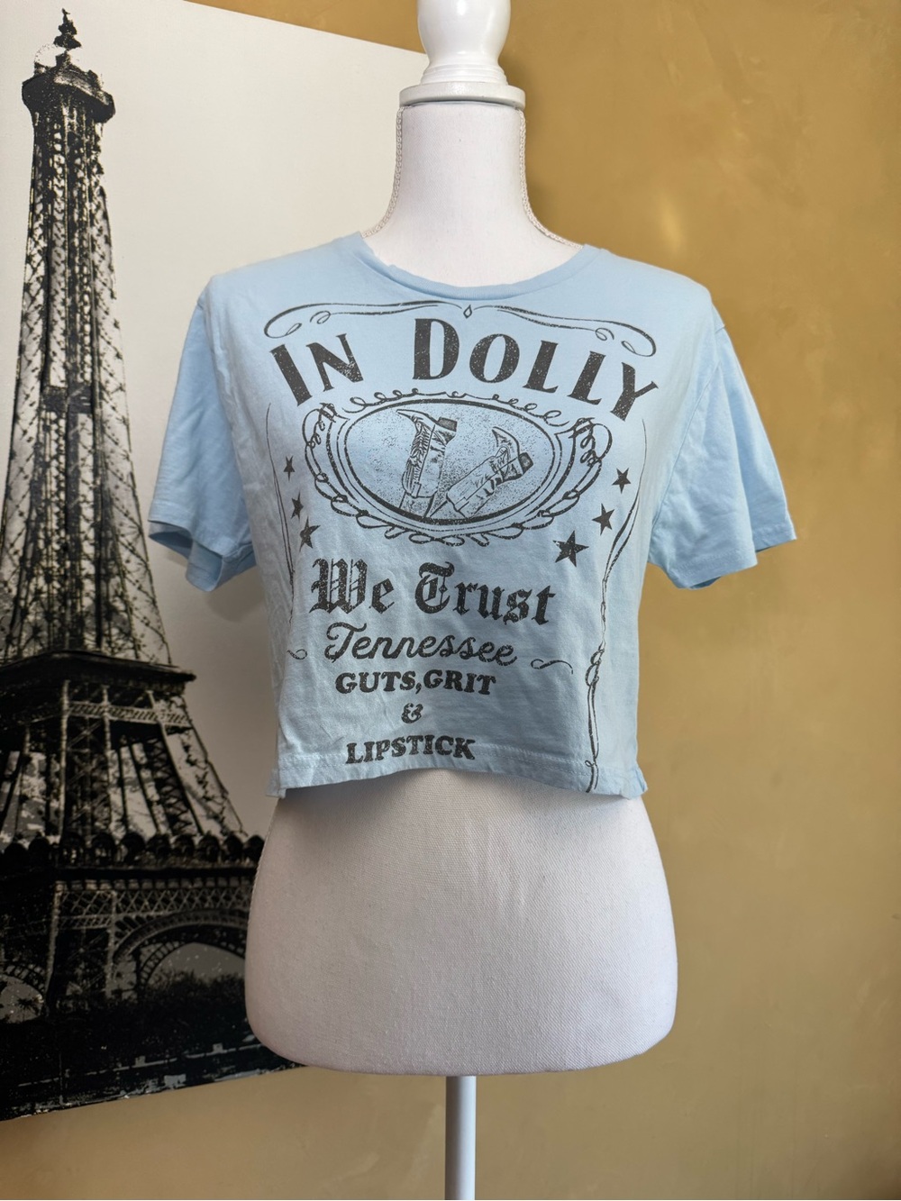 Crop Graphic Tee - Light Blue "In Dolly We Trust" Women’s Top